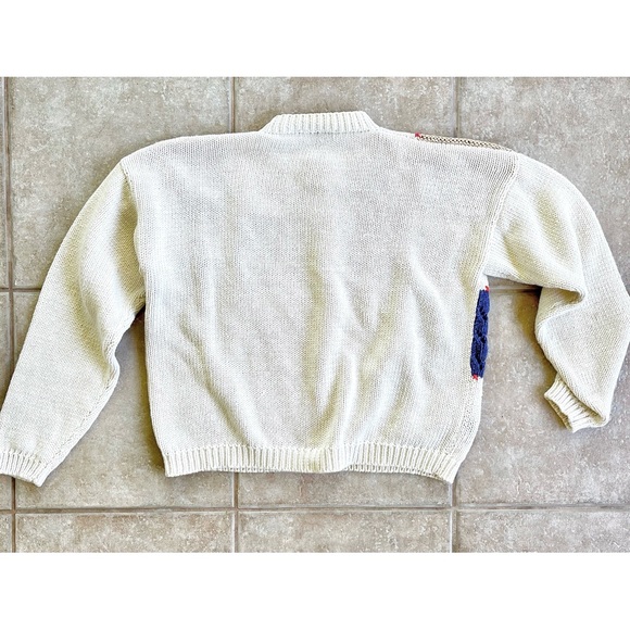 Vintage Knitted Patchwork Cardigan Women’s Red White Blue Fruits Sunflower Large - Picture 4 of 12